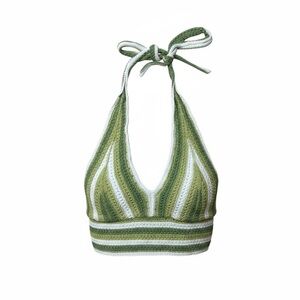 Hollister Crochet Knit Halter Top Green White Striped Boho Beach Women L Cotton